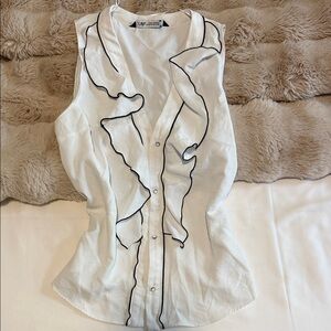 Zara White Sleeveless Blouse with Black Trim